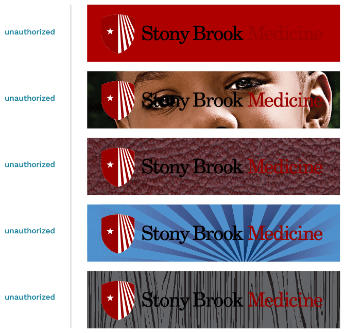 Incorrect variations of the Stony Brook Medicine logo, including altered colors, drop shadows, outlines, and skewed text.