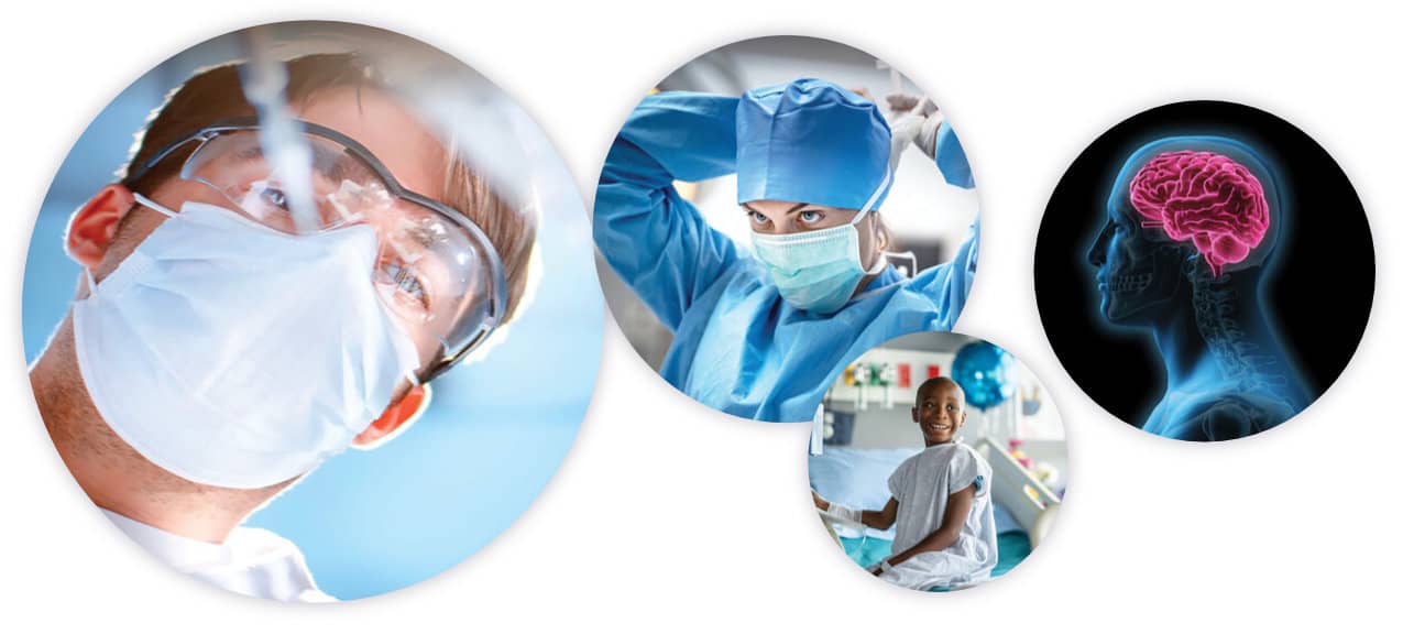 Collage of medical scenes including a masked researcher, a surgeon preparing for surgery, a smiling child patient, and an illustration of a human brain