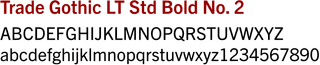 Font guide showing Trade Gothic LT Std in Bold, Light, and Regular with uppercase, lowercase, and numbers