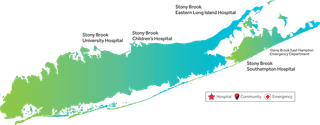 Map of Long Island showing Stony Brook Medicine locations including University Hospital, Children's Hospital, Eastern Long Island Hospital, Southampton Hospital, and East Hampton Emergency Department