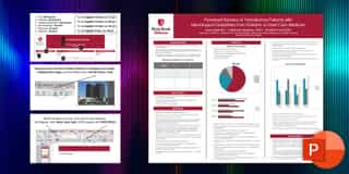 PowerPoint slides showing research poster design guidelines on the left and a completed Stony Brook Medicine research poster on the right