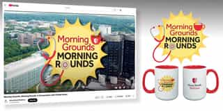 Stony Brook Medicine Morning Grounds, Morning Rounds podcast promotion with mugs