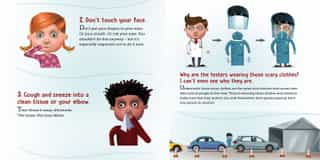 Illustrated COVID-19 safety tips for kids: don’t touch face, cough into tissue or elbow, and explanation of protective clothing worn by testers