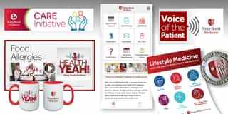 Stony Brook Medicine promotional materials showcasing health initiatives, patient resources, podcasts, lifestyle medicine, and faculty recognition