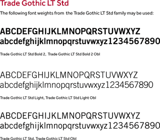 Font guide showing Trade Gothic LT Std in Bold, Light, and Regular with uppercase, lowercase, and numbers