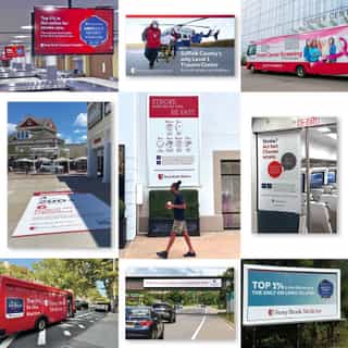 Collage of Stony Brook Medicine signage including stroke care ads, trauma center promotion, breast cancer screening van, and outdoor/indoor displays