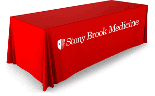 Red Stony Brook Medicine trade show tablecloth with white logo.