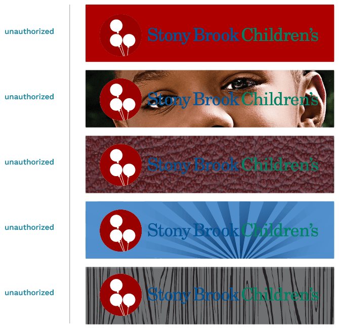 Incorrect variations of the Stony Brook Medicine logo, including altered colors, drop shadows, outlines, and skewed text.