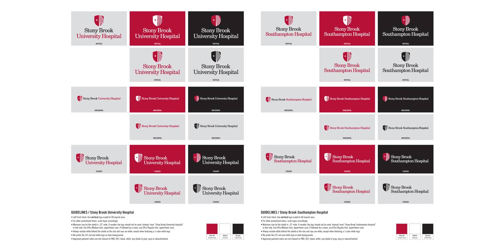 Stony Brook University Hospital and Stony Brook Southampton Hospital logo variations in vertical, horizontal, and stacked layouts with color guidelines