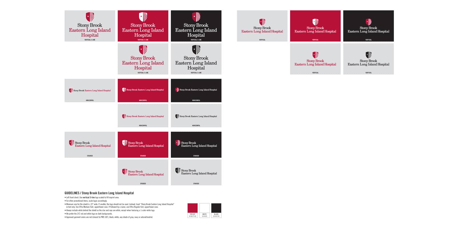 Stony Brook Eastern Long Island Hospital logo variations in vertical, horizontal, and stacked layouts with color guidelines