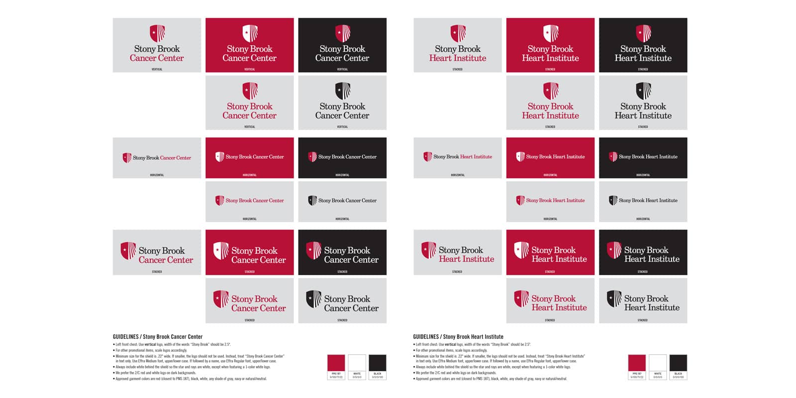 Stony Brook Cancer Center and Stony Brook Heart Institute logo variations in vertical, horizontal, and stacked layouts with color guidelines