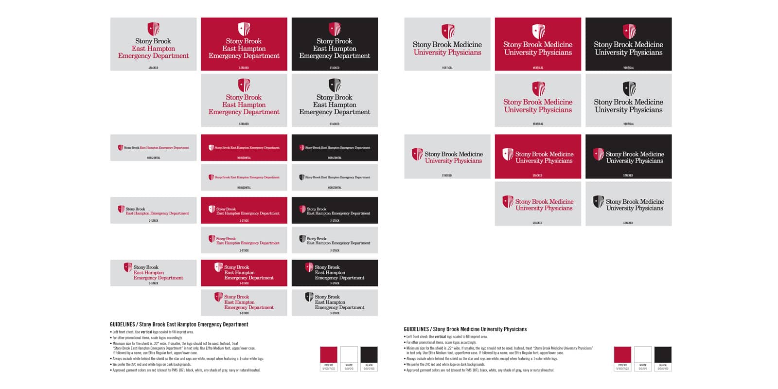 Stony Brook East Hampton Emergency Department and Stony Brook Medicine University Physicians logo variations in vertical, horizontal, and stacked layouts with color guidelines